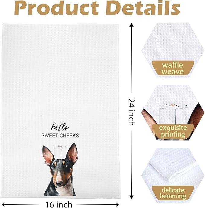 Bull Terrier Bathroom Decor - Funny Bull Terrier Gifts Waffle Decorative Hand Towels, Hello Sweet Cheeks Bathroom Decor, 16x24 Inches
