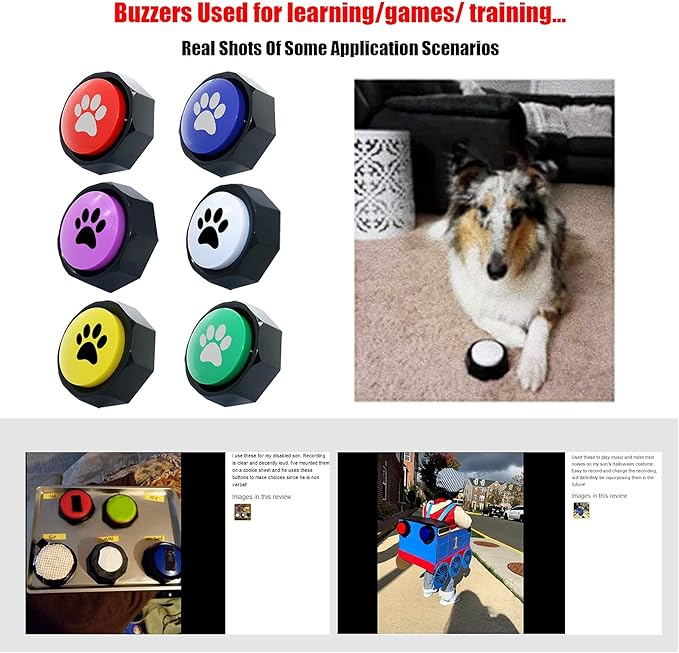 Recordable Buttons, Dog Training and Communication Buttons, Pack of 6, 30 Seconds Recording, 30 Scene 15 Custom Stickers, 6 Pairs Non-Slip Stickers, Sound Quality is Clearly (Batteries Included)