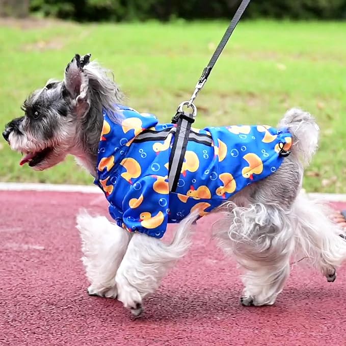 PUPTECK Dog Raincoat with Hood & Harness Built-in, Waterproof Dog Rain Jacket Slicker Poncho Reflective Vest Clothes for Rainy Snowy Winter Cold Days, Blue Duck S