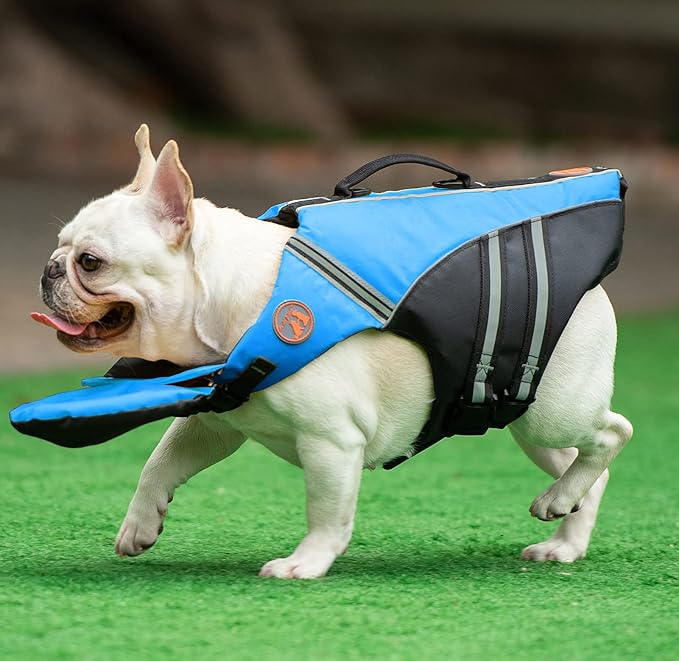 Dog Life Jacket, French Bulldog Life Vest for Swimming Boating, Dog Swim Vest with Chin Float and Rescue Handle, High Flotation Puppy Life Jackets (Chest Girth: 17" to 30", Weight: 17" to 28" LB)