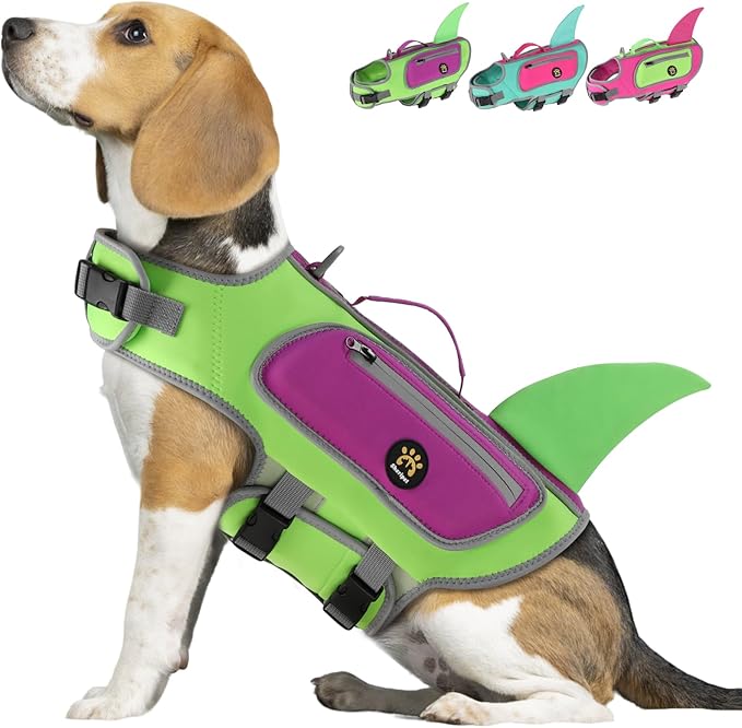 Dog Life Jacket Shark, Good Visibility Dog Life Vest for Swimming Boating, Reflective & Adjustable Pet Swim Floating Vest with High Buoyancy for Small Medium Large Dogs (Green, X-Large)