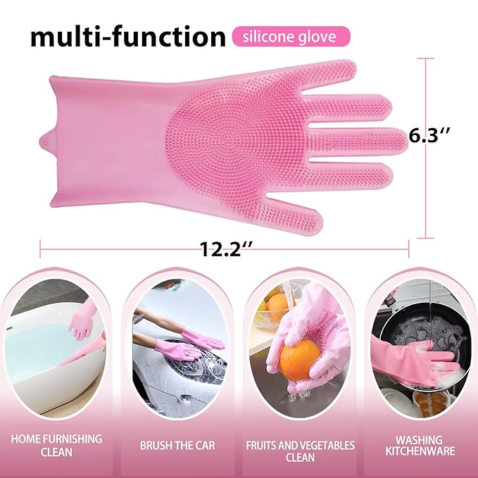 Dog Bath Gloves for Washing, Pet Grooming Gloves with Shampoo Brush, Dog Bath Brush for Dogs and Cats, Essential Dog Bath Supplies (1 Pair, Pink)