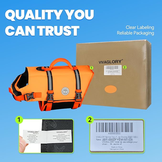 VIVAGLORY Rip Stop Dog Life Vest, Swimming Vest with Handle, Buoyancy for Doggy Puppy, Dog Life Jacket for Swimming & Boating, XXS, Dark Orange