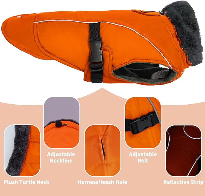 DENTRUN Winter Warm Dog Coat Reflective Jacket with Turtleneck for Cold Weather, Adjustable Buckle Windproof Water Repellent, Thick Snowsuit Fleece Vest for Small, Medium, Large Dogs, Orange, M