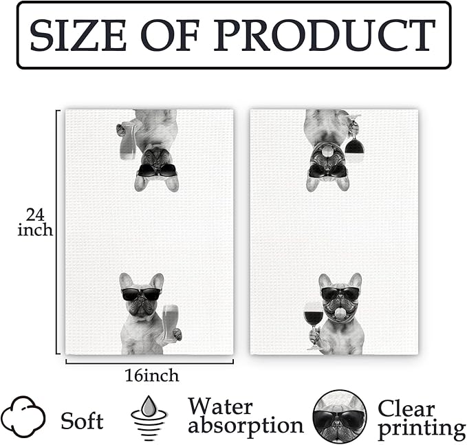 French Bulldog Gifts Wine Kitchen Towels Set of 2, Funny French Bulldog Wine Lover Decorative Hand Dish Towel for Kitchen Home Bar, Gifts for Dog Beer Lovers Home Bar Cart Decor(16x24Inch)