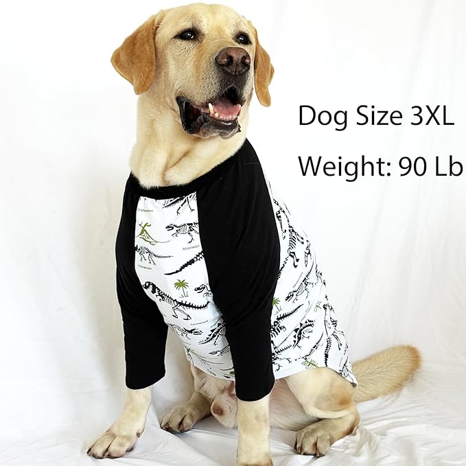 Dog Dinosaur T Shirts Black Long Sleeve White Shirt Pajamas Pets Soft Cotton Apparel Clothes for Extra Large Dogs, 3XL