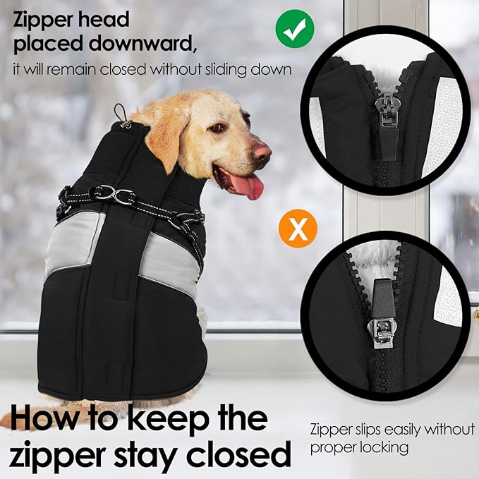 AOFITEE Dog Coats for Large Dogs, Dog Winter Coat, Dogs Coat with Harness Built in, Reflective Waterproof Pet Jacket with Furry Collar, Warm Fleece Pet Sweater for Doberman, Great Dane, Black XXXL