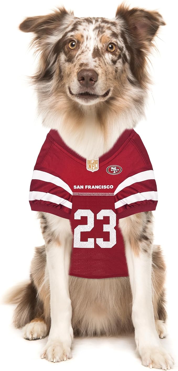 Pets First NFLPA Christian MCCAFFREY PET Jersey #23, NFL Dog Shirt, San Francisco 49ers Mesh Jersey, Size X-Large
