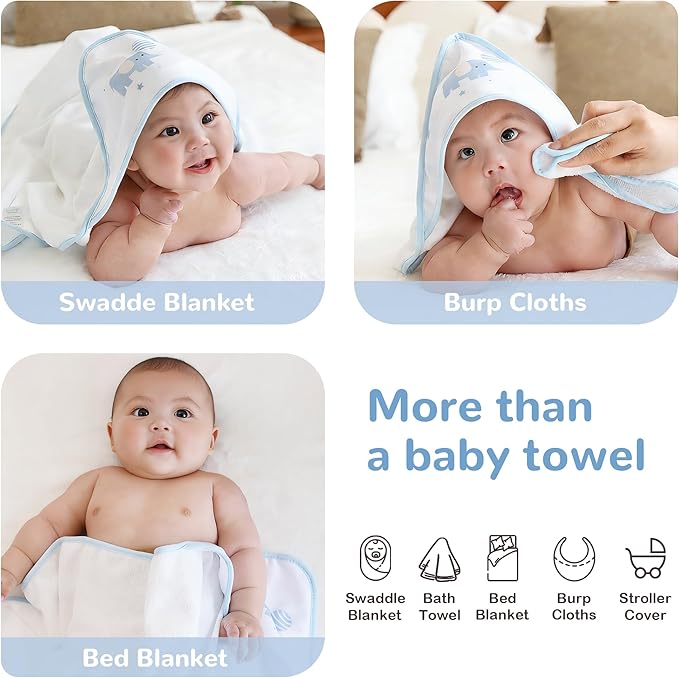 Viviland 6 Pcs Hooded Baby Towels and Washcloths Set, Super Gentle Bath Towels for Newborn Face & Body, Absorbent Wash Cloth for Infants Boys, Blue-Elephant Pattern, 28 x 28 inch
