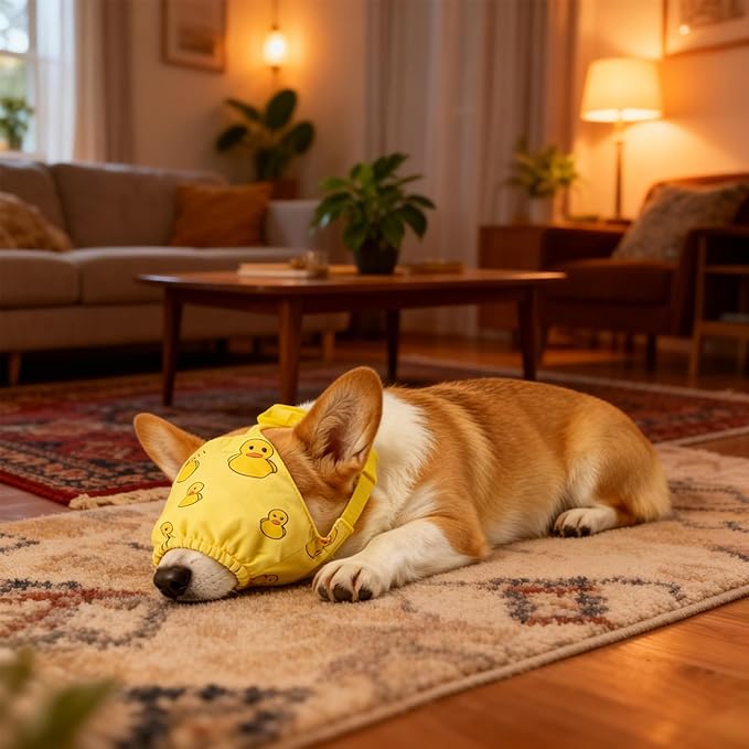 NACOCO Dog Calming Cap Eye Mask Ducks Nylon Shading Pet Anxiety Mask Muzzle for Grooming Anti Car Sickness (Yellow, M)