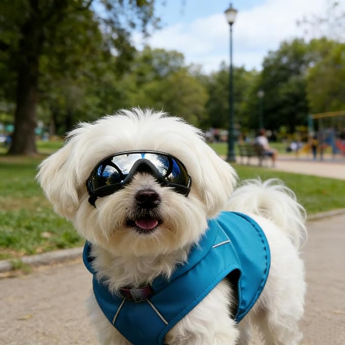 Enjoying Dog Sunglasses Small Breed, Dog Goggles UV Protection, Cycling Eye Protection for Small Dogs, Outdoors Breathable Windproof Dustproof Anti-Fog, Adjustable Straps, Black