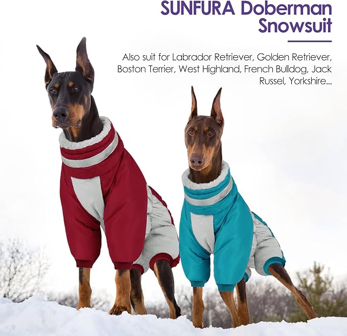 SUNFURA Full Body Dog Coat - Warm Fleece Jacket for Large Dogs, Turtleneck Winter Coats with Harness, Reflective Dog Snowsuit Windproof Puffer Jackets with Legs for Weimaraner, Turquoise XL
