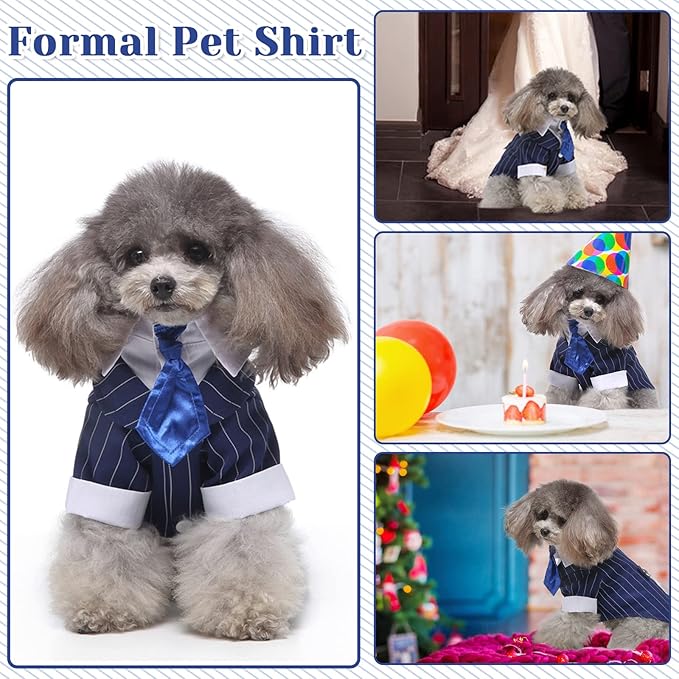 DENTRUN Navy Blue Dog Tuxedo - Formal Pinstripe Pet Suit Shirt with Satin Tie, Elegant Wedding Outfit Birthday Party Attire for Chihuahua Yorkie Shih Tzu Pomeranian Small Dogs (Polyester), S