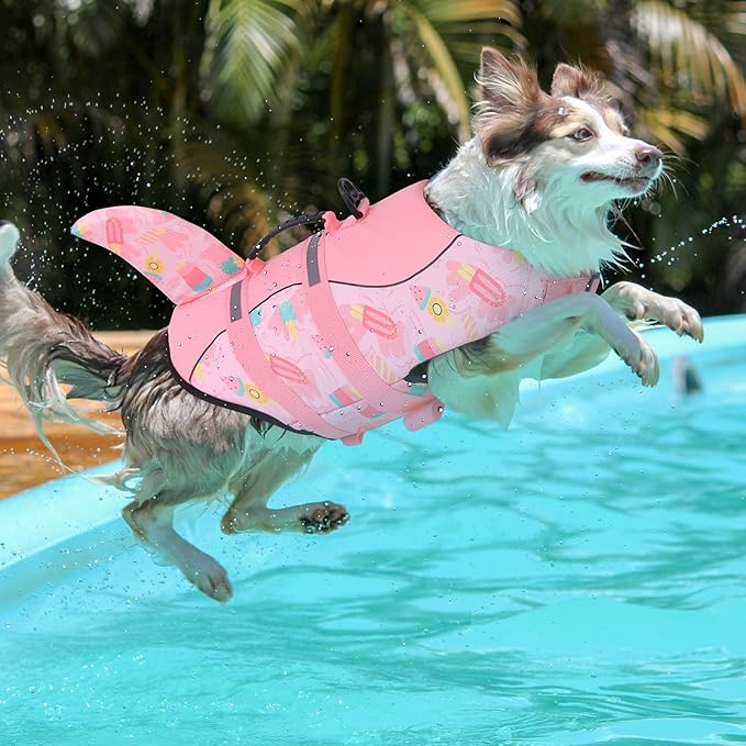 Queenmore Dog Life Jacket High Flotation, Reflective Dog Life Vests for Swimming, Adjustable Dog Life Preserver Rescue Handle Spring Summer Pool for Small, Medium, Large Dogs (Pink Ice Cream,S)