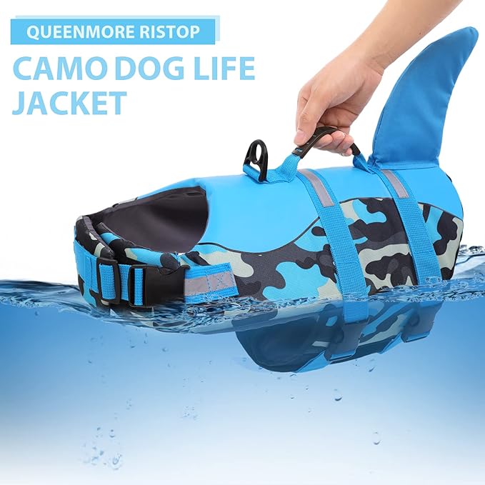 Queenmore Dog Life Jacket Ripstop Dog Shark Safety Vest Adjustable Preserver with High Buoyancy and Durable Rescue Handle for Small,Medium,Large Dogs, Blue Camouflage X-Small