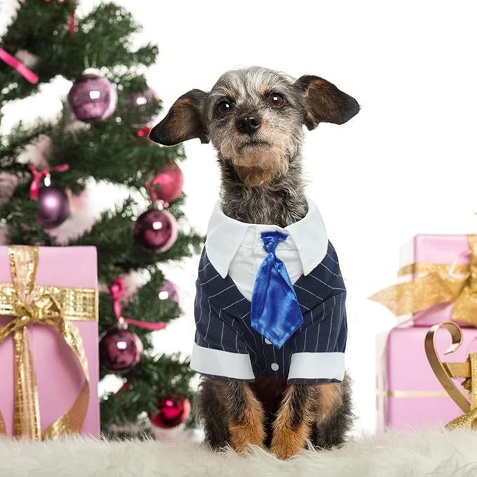 DENTRUN Navy Blue Dog Tuxedo - Formal Pinstripe Pet Suit Shirt with Satin Tie, Elegant Wedding Outfit Birthday Party Attire for Maltese Dachshund Yorkie Puppies Shih Tzu Small Medium Dogs, M