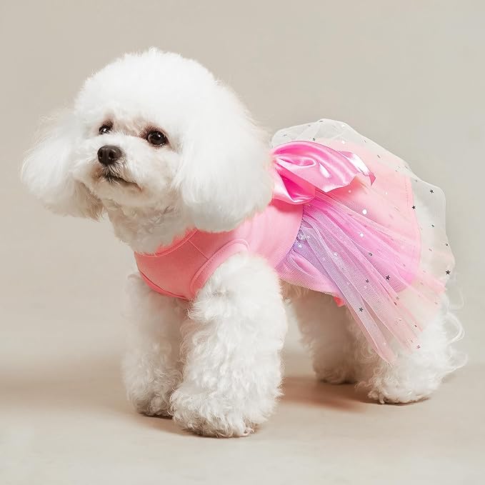 PUPTECK Print Dog Dress Pet Apparel for Birthday with Cute Bowtie Puppy Clothes Outfit, S