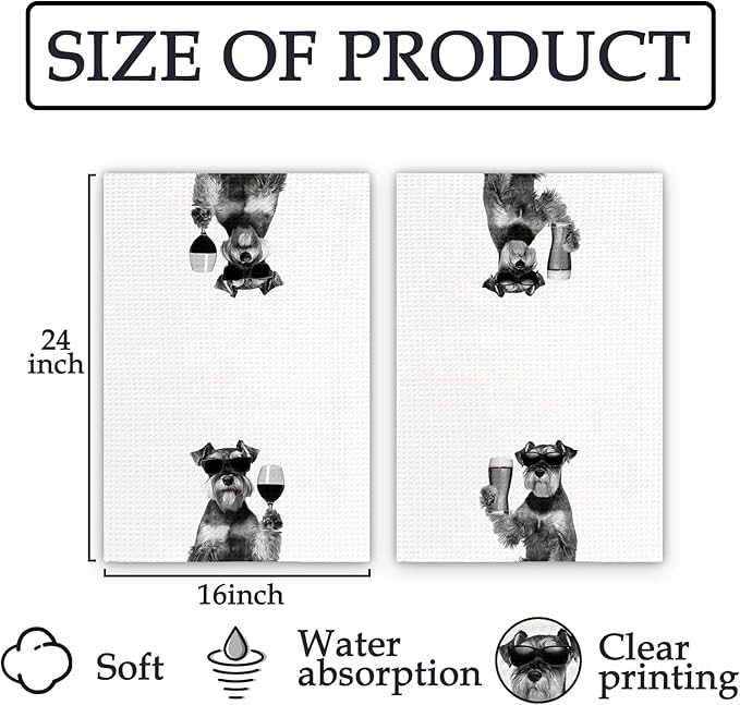 Gifts for Mini Schnauzer Dog Wine Lovers Kitchen Towels Set of 2, Schnauzer Gifts Wine Decorative Hand Dish Towel for Kitchen Home Bar, Funny Dog Beer Lover Home Bars Kitchens Decor(16x24 Inch)