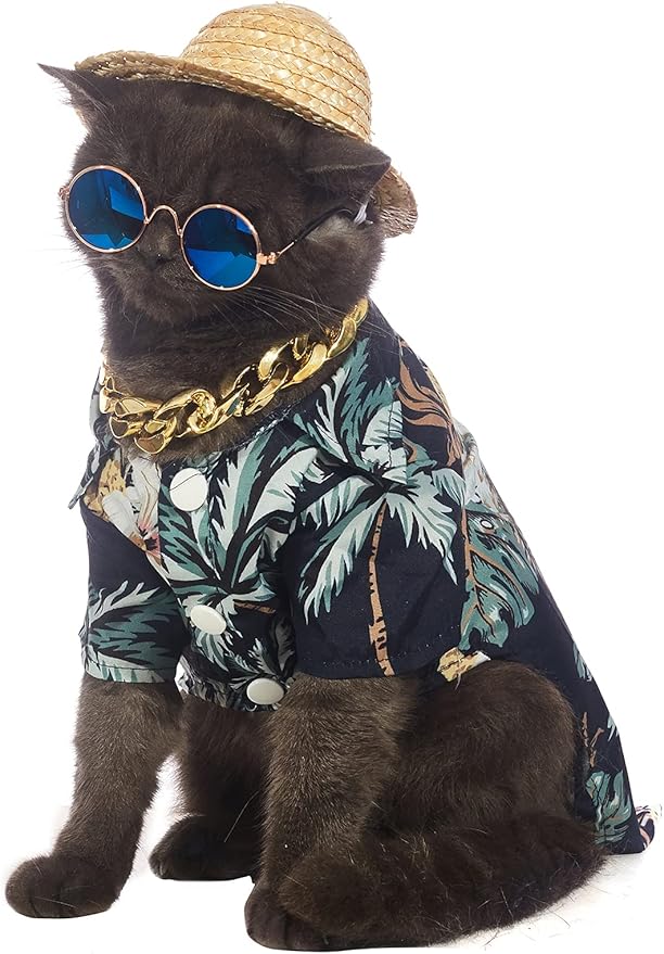 Hawaiian Dog T Shirts Pet Summer Clothes Cat Sunglasses Funny Straw Hat Kitten Costumes with Gold Chain Collar (Small,Black)