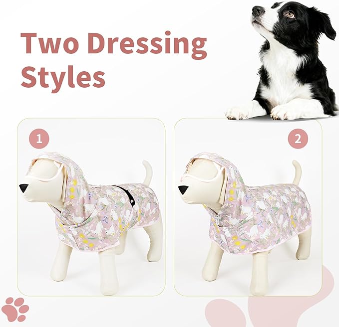 Dog Raincoat, Waterproof Windproof Dog Rain Jacket with Hood, Rain Coat with Leash Hole, Adjustable Raincoat Poncho for Small Medium Large Dogs Outdoor (Pink, XS+)