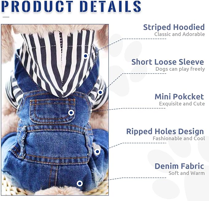 Small Dog Hoodie Clothes Cute Stripe Shirts Denim Jumpsuit One-Piece Outfit for Small Medium Dogs Cats Boy Girl Chihuahua Blue Jeans Overalls Puppy Costume (Blue,XS)