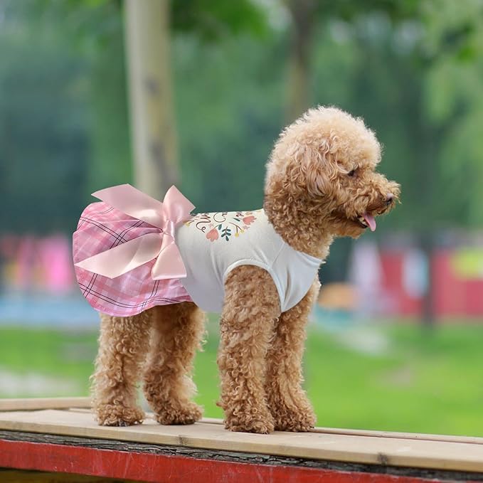 Idepet Dog Dress Love You Mom, Mother's Day Dog Dresses Puppy Skirt Pet Apparel Daisy Sleeveless Holiday Clothes for Small Dogs Girls and Cats, Pink Plaid,XXS