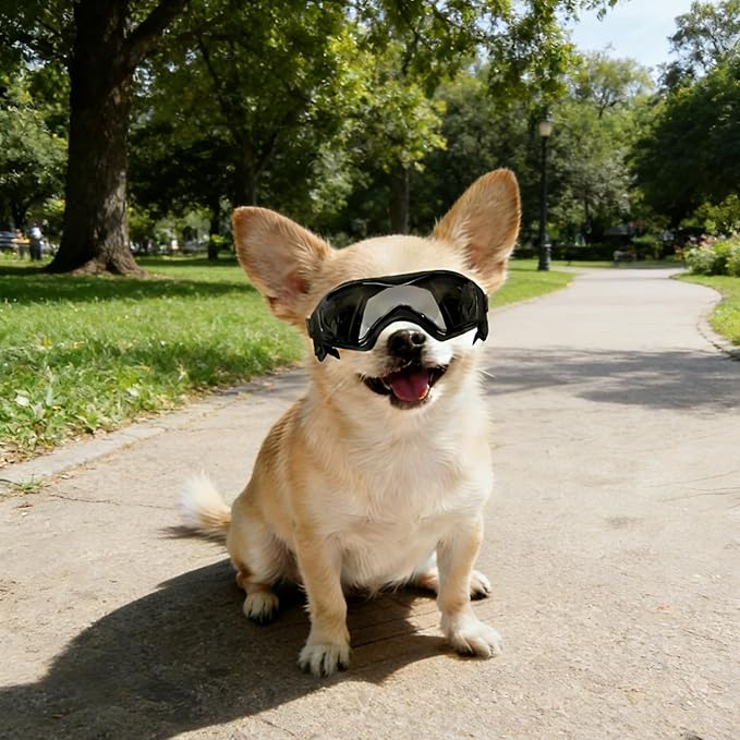 Enjoying Dog Sunglasses Extra-Small to Small Breeds, Dog Goggles UV Protection, Driving Eye Protection for Little Dogs, Breathable Windproof Dustproof Anti-Fog, Adjustable Straps, Cool Black