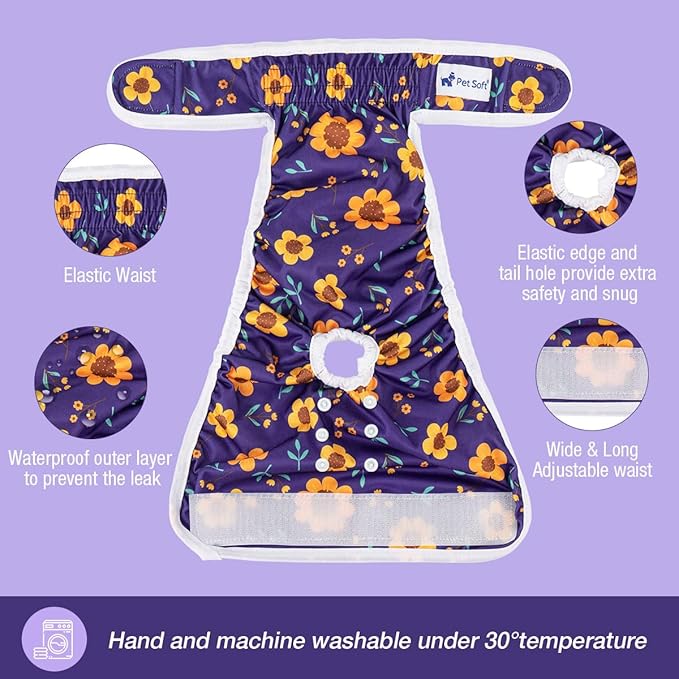 Pet Soft Washable Female Diapers (3 Pack) Female Dog Diapers, Comfort Reusable Doggy Diapers for Girl Dog in Period Heat (Cute Flower, XS)
