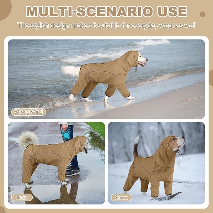 Dog Raincoat, Waterproof Dog Rain Jacket with Removable Hood,Adjustable 4 Legs Pet Poncho with Leash Hole,Reflective Stripe Hooded Snowproof Windproof Clothes for Small to 3X-Large Dogs, 2XL