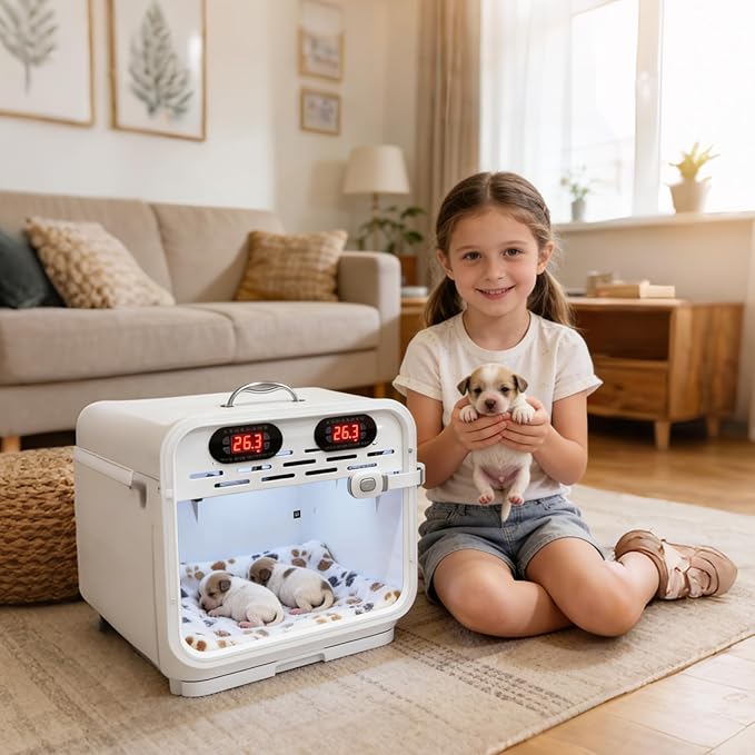 Intelligent Constant Temperature Puppy Incubator - Portable Pet Brooder for Puppies, Kittens, Birds & Small Mammals, Quiet Air-Warming Kitten Incubator with Dual Thermostat Control