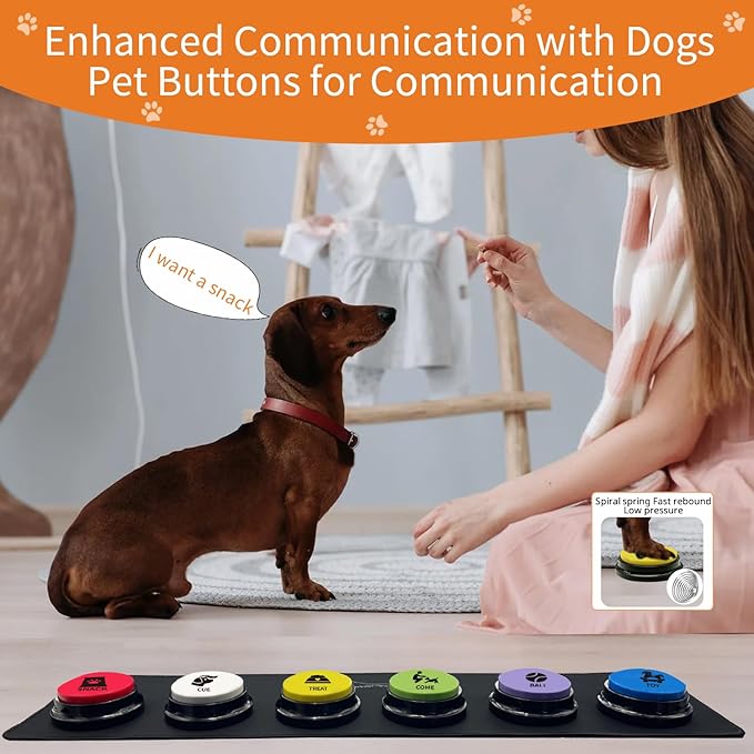 RIBOSY Set of 6 Recordable Buttons with Rubber Mat and 50 Training Stickers, Dog Buttons for Communication - Record& Playback Your Own Voice to Train Your Pet Voice What They Want(Battery Included)