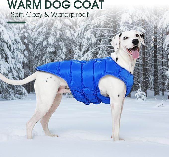 Kuoser Dog Puffer Jacket Warm Dog Coat for Medium Large Dogs, Windproof Reflective Pet Padded Vest Cold Weather Clothes Puppy Snowsuit with Hook & Loop Coats, Easy On/Off, Blue L