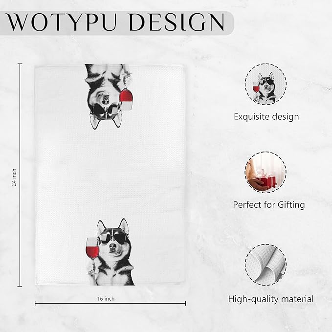 Funny Siberian Husky Kitchen Bar Towels, Gifts for Husky Lovers, Wine Beer Lovers Gifts Decorative Hand Towels for Kitchen Bar Cart Decor, 16x24 Inch Set of 2