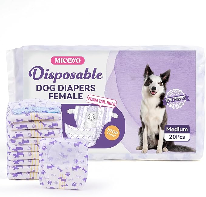 MICOOYO Disposable Dog Diapers Female, Doggie Diapers for Dogs Female, Super Absorbent Pet Diaper with Foam Tail Hole for Heat, Comfortable Puppy Diaper (Medium, 20Count)