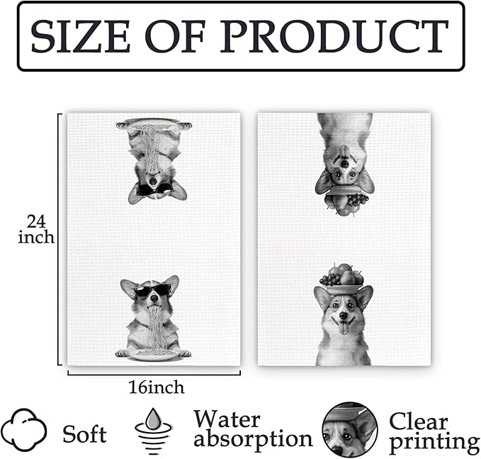 Corgi Gifts Funny Dog Kitchen Towels Set of 2, Funny Dog Eating Pasta with Fruit Bowl Decorative Hand Dish Towel for Kitchen Home Bar, Gifts for Corgi DogLovers Owners Home Decor(16x24Inch)
