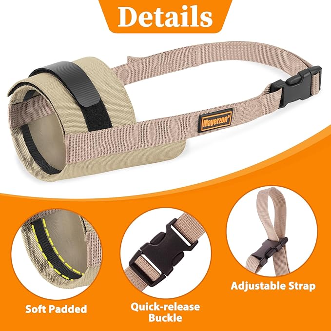 Mayerzon Dog Muzzle for Large Medium Small Dogs, Adjustable Fit, Soft & Sturdy Fabric, Prevents Fierce Barking Biting Chewing, Ideal for Grooming Walking Vet Visits, Allows to Pant Drink (Khaki, M)