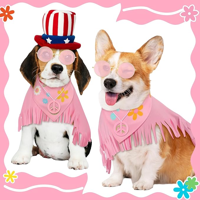 Hippie Dog Halloween Costume Funny Dog Outfits with Pink Cloak Bandana Glasses Necklace Dress up Pet Clothes (Small)