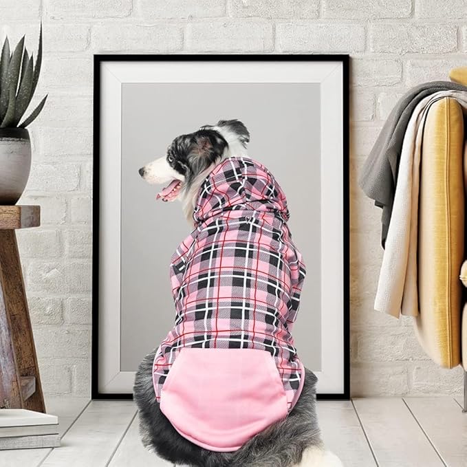 EXPAWLORER Plaid Dog Hoodie - British Style Warm Dog Sweater Shirt with Leash Hole,Pitbull Clothes Outfits,Winter Coat Apparel for All Breeds Puppy Girl Boy-Cat Apparel,Pink Large