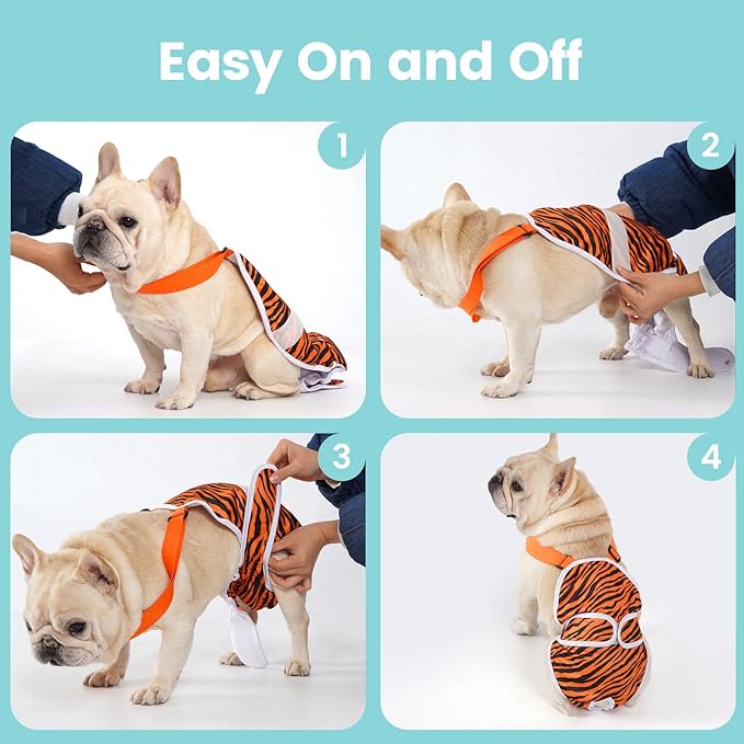 Avont 3 Pack Frenchie Dog Diapers Female, Washable Reusable Girl Doggie Pants for Period Heat Cycle, Full Body Cover Onesie with Adjustable Straps -Tiger/Cow/Leopard L