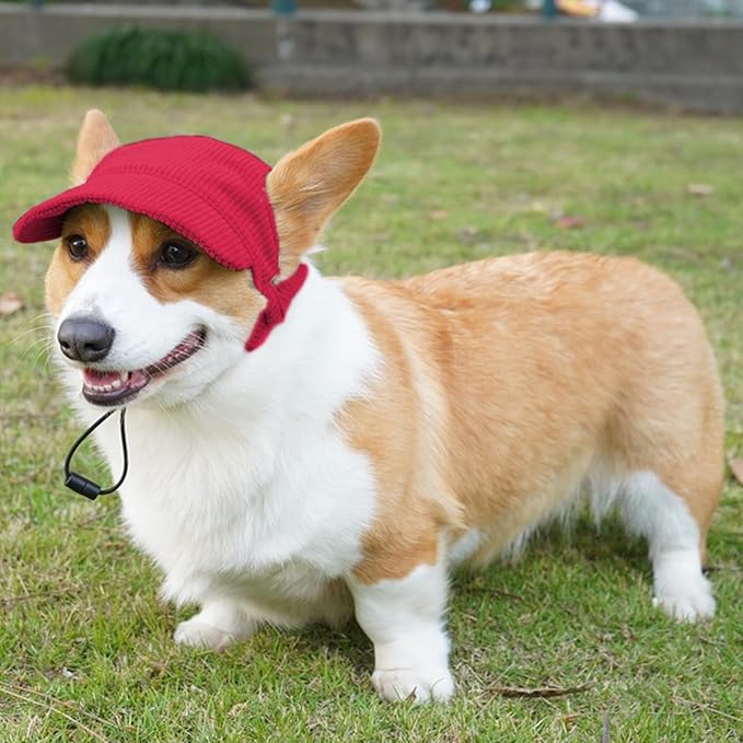 Dog Baseball Cap, Dog Cat Summer Beach Visor Hat with Ear Holes, Adjustable Puppy Sunbonnet Headdress (Red, Small)