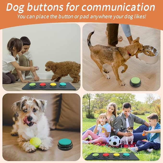 4-Piece Dog Talking Button Set, Dog Button for Communication, 30-Second Recordable Voice Pet Buzzer Training Button, Dog Button with Waterproof Non-Slip Pad and 50 Dog Training Stickers