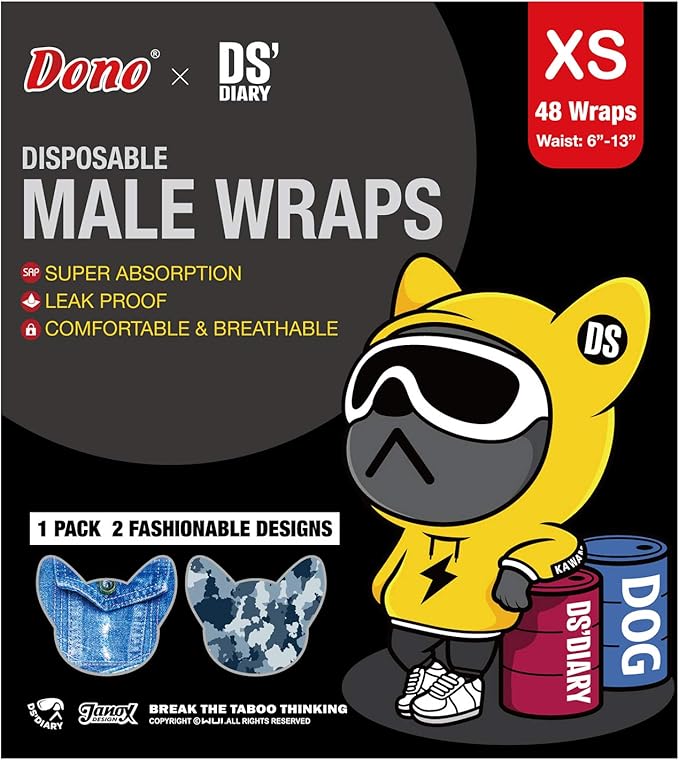 Dono Dog Diapers Male Disposable Male Dog Wraps, Wider Doggie Puppy Diapers Male Belly Bands, Super Absorbent, Leak-Proof Fit, Excitable Urination, Incontinence, X-Small 48ct