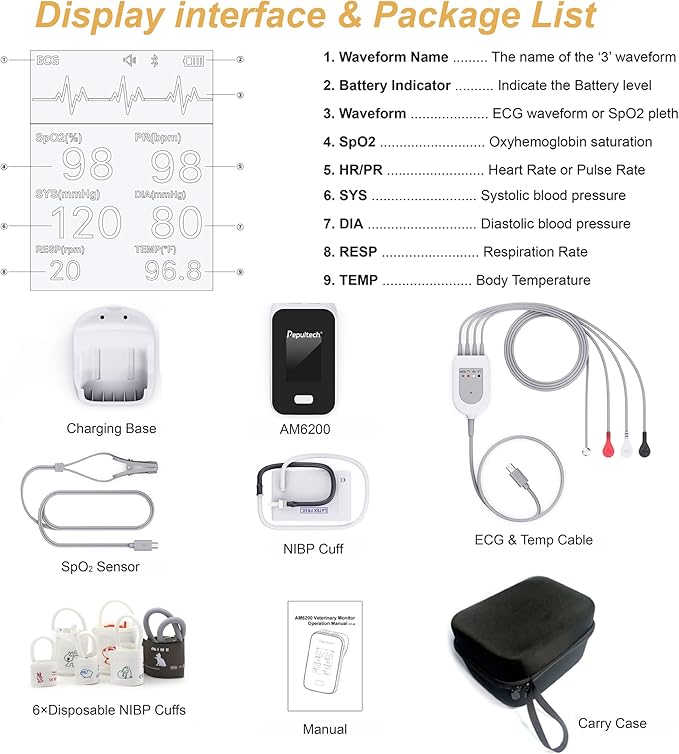 6 Parameters Veterinary Vital Signs Monitor,Bluetooth Veterinary Pulse Oximeter for Dogs, Rechargeable Blood Pressure Monitor for Pets,Oxygen Spo2 Monitoring Tools for Family Clinic Use