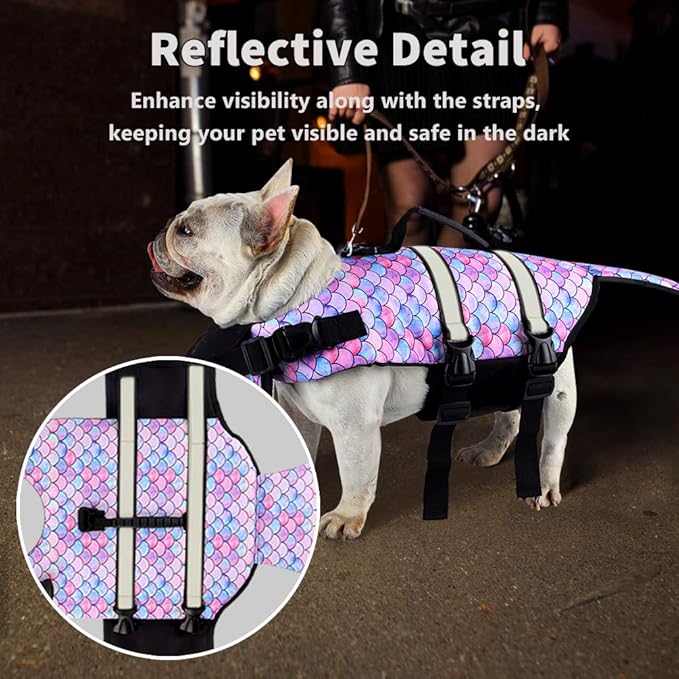 Dog Life Jacket Ripstop Pet Safety Floatation Vest Adjustable Dog Life Preserver Reflective Durable Rescue Handle Pet Lifesaver for Small Medium Large Dogs Swimming Beach Boating(Mermaid, S)