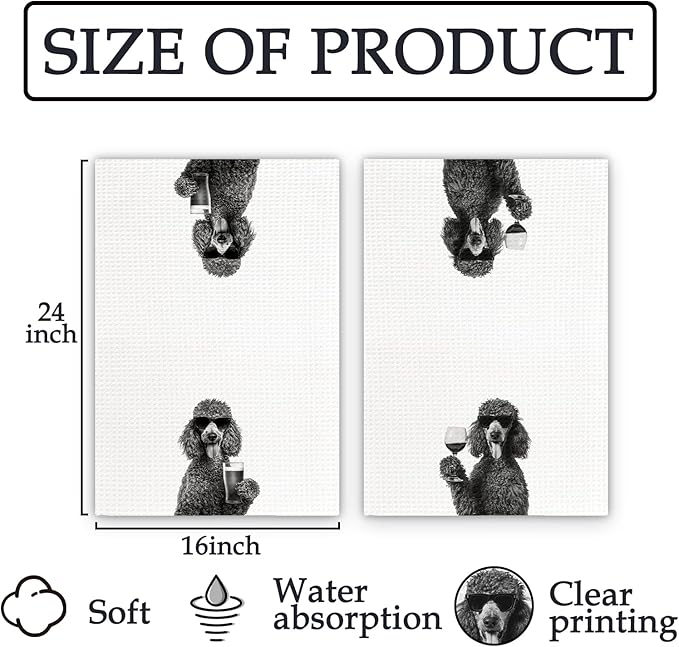 Gifts for Poodle Dog Wine Lovers Kitchen Towels Set of 2, Poodle Gifts Wine Decorative Hand Dish Towel for Kitchen Home Bar, Funny PoodleDog Beer Lover Home Bar Cart Decor(16x24 Inch)