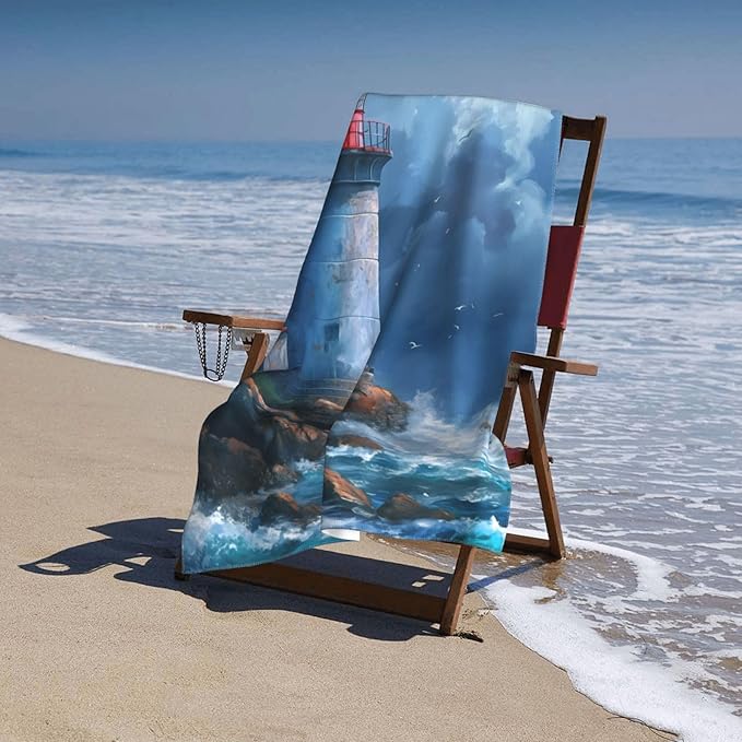 Coastal Lighthouse Beach Towel 31inx51in, Ocean Sand-Free Microfiber Bath Towel Ultra Soft Quick Dry Pool Towel Absorbent Towel Lightweight Towel for Swimming Bathroom Decor