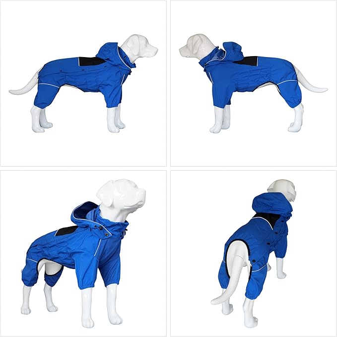 LOVELONGLONG Waterproof Dog Raincoat with Removable Hood – Outdoor Full Body Dog Jacket, Windproof Snowproof Shell Suit – All Season Pet Rain Gear Blue 4XL
