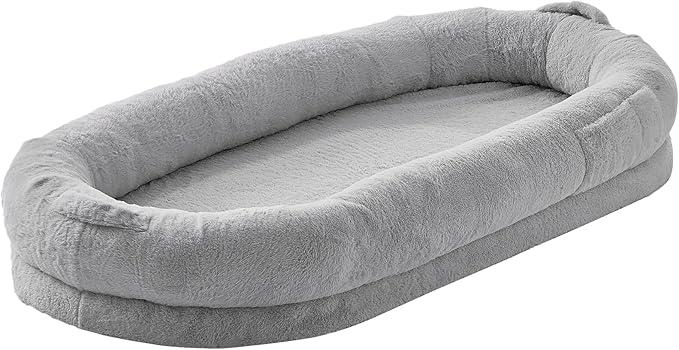 VEVOR Human Dog Bed, 67.7"x35"x9.8" Human Dog Bed for Adult People, Large Size Beds with Washable Faux Rabbit Fur Cover, Egg Orthopedic Foam, Storage Pocket, Bean Beds for You and Pet, Light Grey