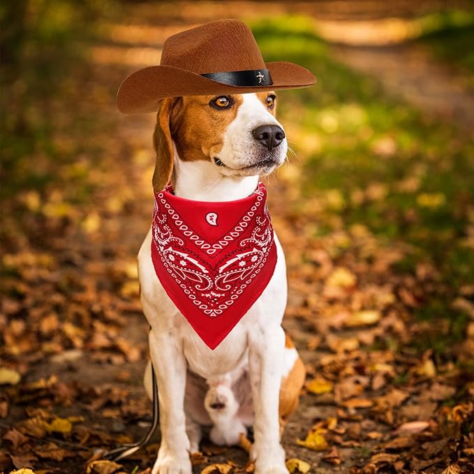 Fumwase Pet Cowboy Costume Halloween Costumes for Dogs Cat Puppy Hats with Bandana Scarf Cowboy Costume Accessories Dog Cat for Party Festival and Daily Wearing (Brown hat + Red, Large)
