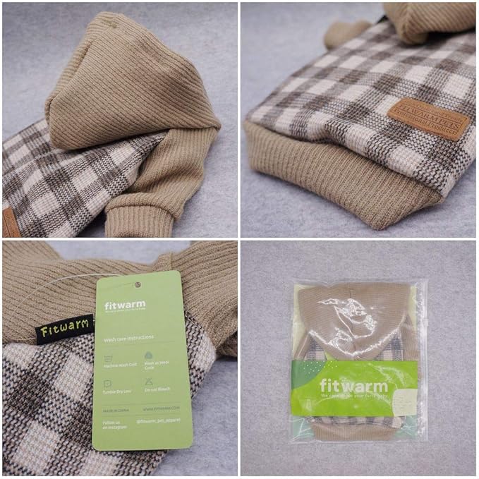 Fitwarm Tartan Plaid Dog Hoodie, Knitted Dog Clothes for Small Dogs Boy, Pet Sweatshirt, Knitted Sweater, Beige, Medium